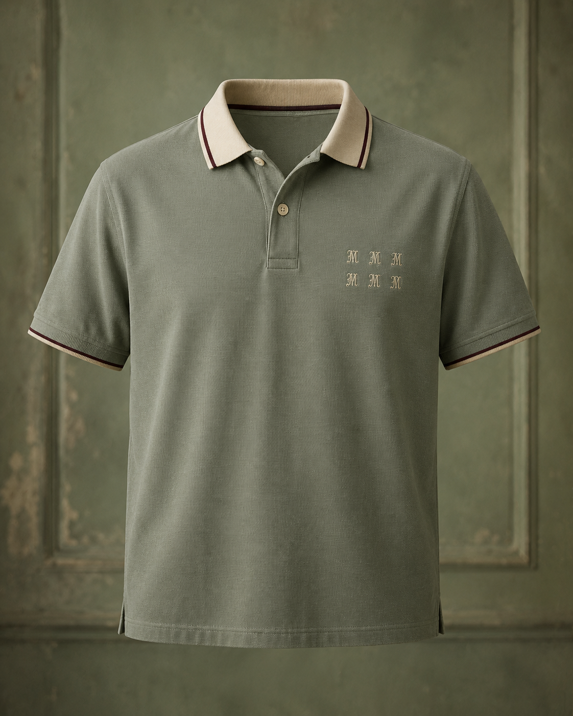 The Front Desk Polo, sage piqué cotton with monogrammed chest.