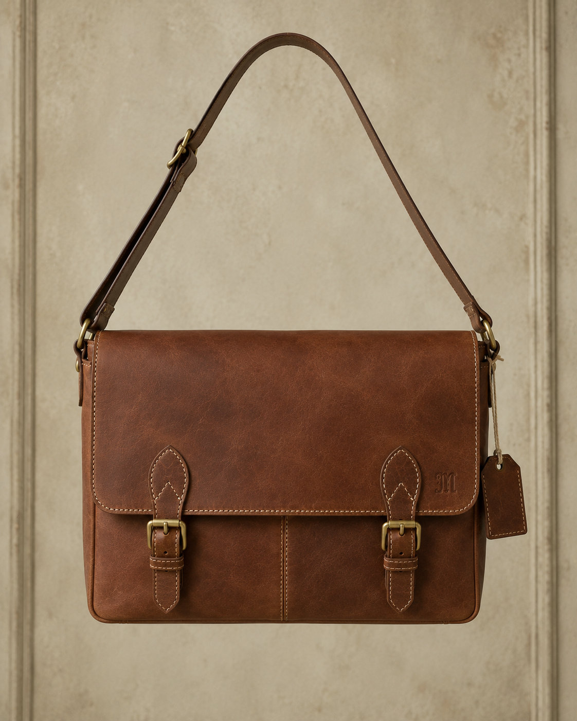 The Postal Satchel, vegetable-tanned cognac leather with brass postal buckles.